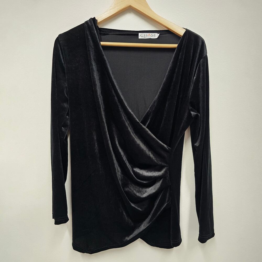 Vintage Chase New Design Black Velvet Wrap Long Sleeves Blouse 2XL Plus Size
